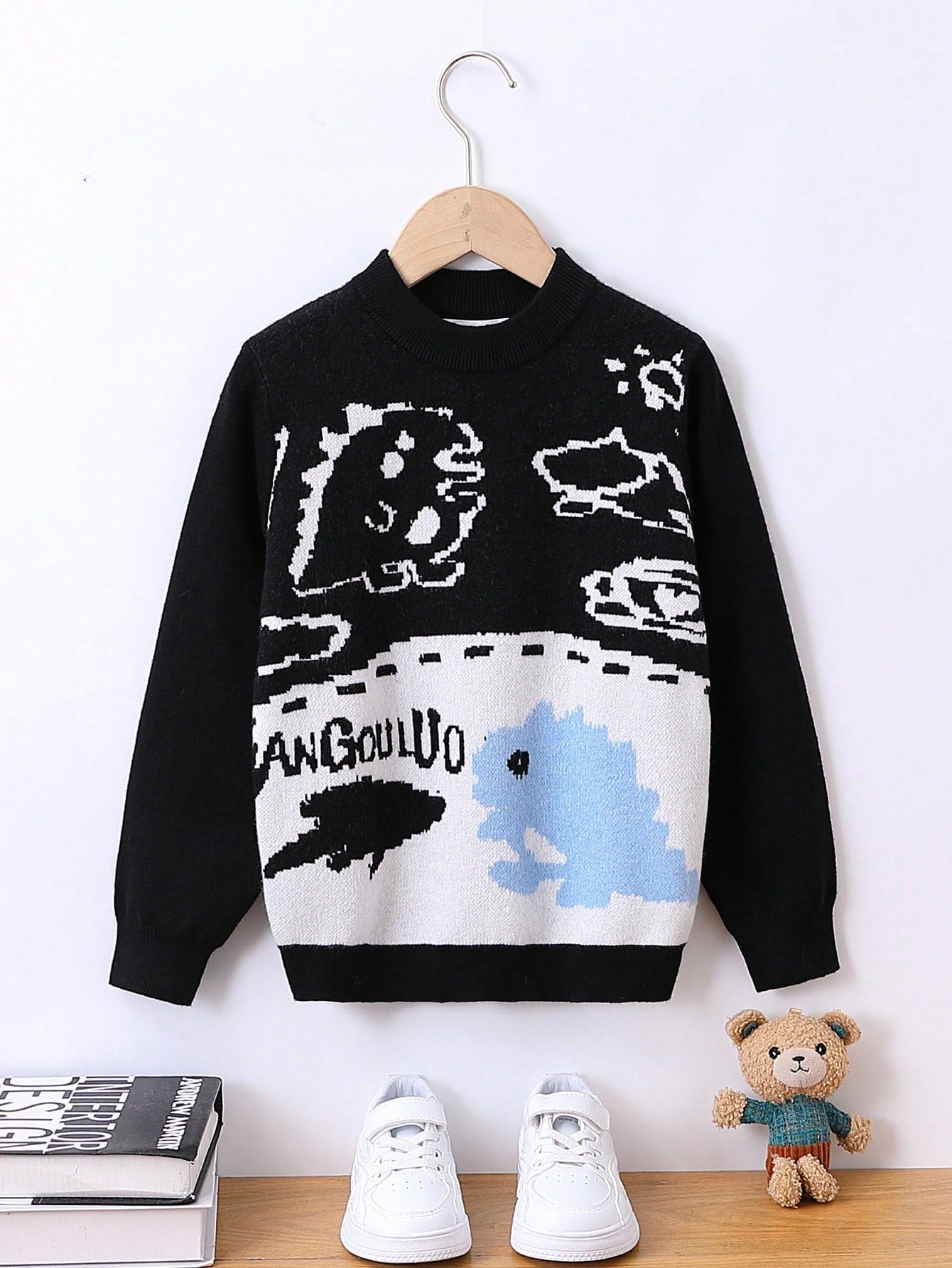 Young Boy Cartoon & Letter Pattern Sweater