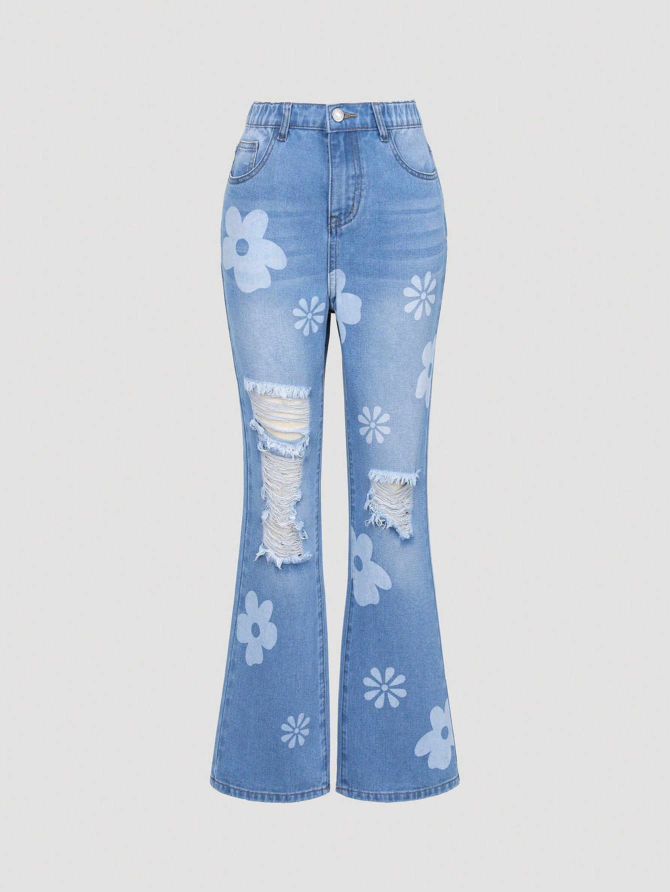 Tween Girl Floral Print Ripped Flare Leg Jeans