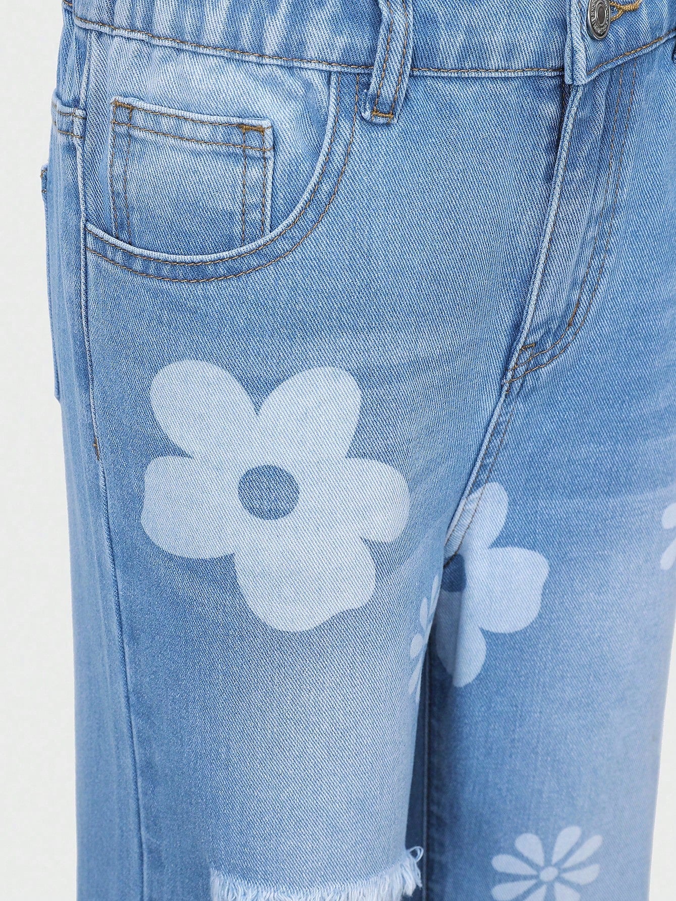 Tween Girl Floral Print Ripped Flare Leg Jeans