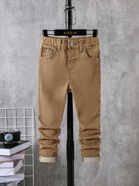 Young Boy Straight-Leg Jeans With Slanted Pockets, Casual, Distressed, Washed