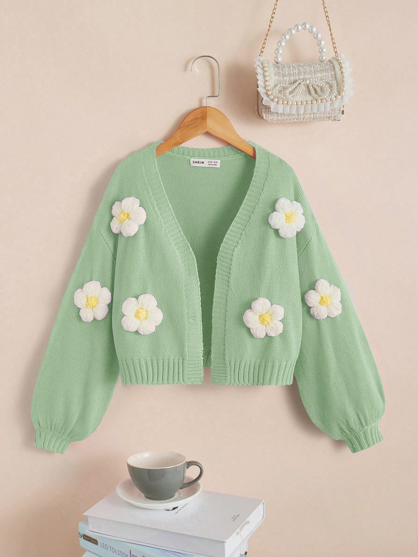 Tween Girl's 3D Flower Decorated Lantern Sleeve Cardigan