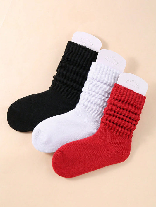 3 Pairs Kids' Christmas Solid Color Knitted High Knee Socks For Autumn And Winter, Warm Leggings For Everyday Leisure