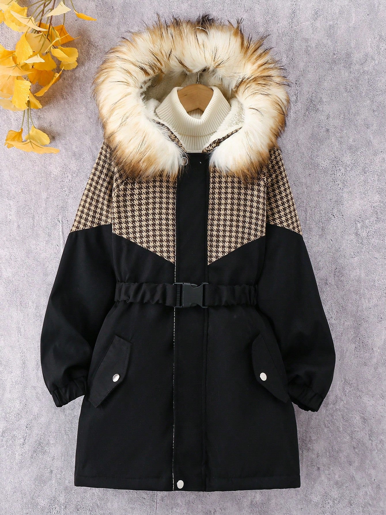 Tween Girl 1pc Houndstooth Print Fuzzy Trim Hooded Thermal Lined Belted Coat