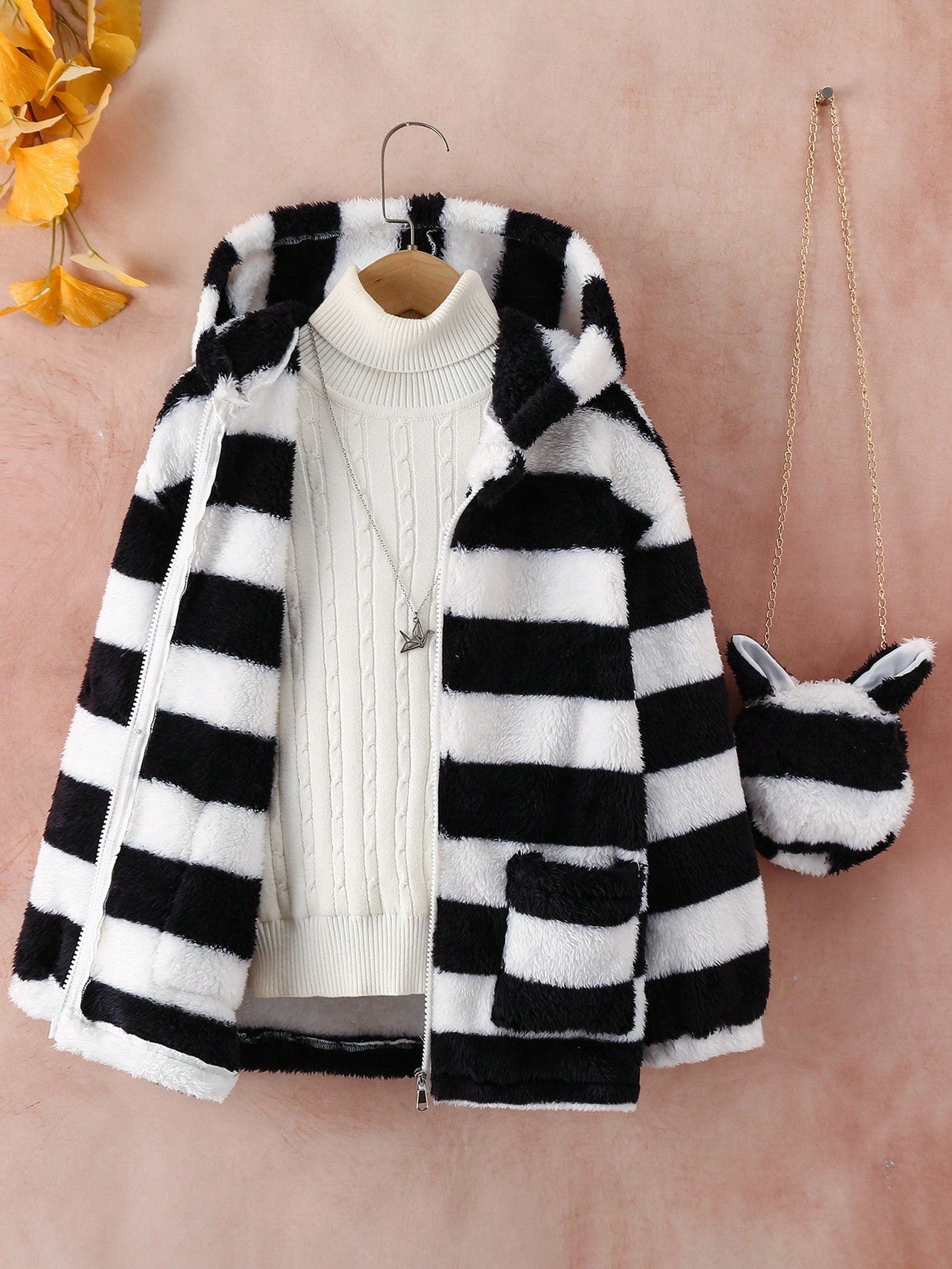 Tween Girl Buffalo Plaid Pattern Drop Shoulder Hooded Teddy Coat With Bag