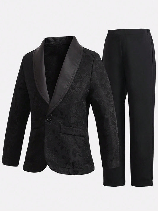 Young Boy Gentleman 2pcs/Set Black Notched Lapels Satin Jacquard Blazer And Trousers, Perfect For Birthday Party, Evening Events, Wedding, Christening, Full Moon Party