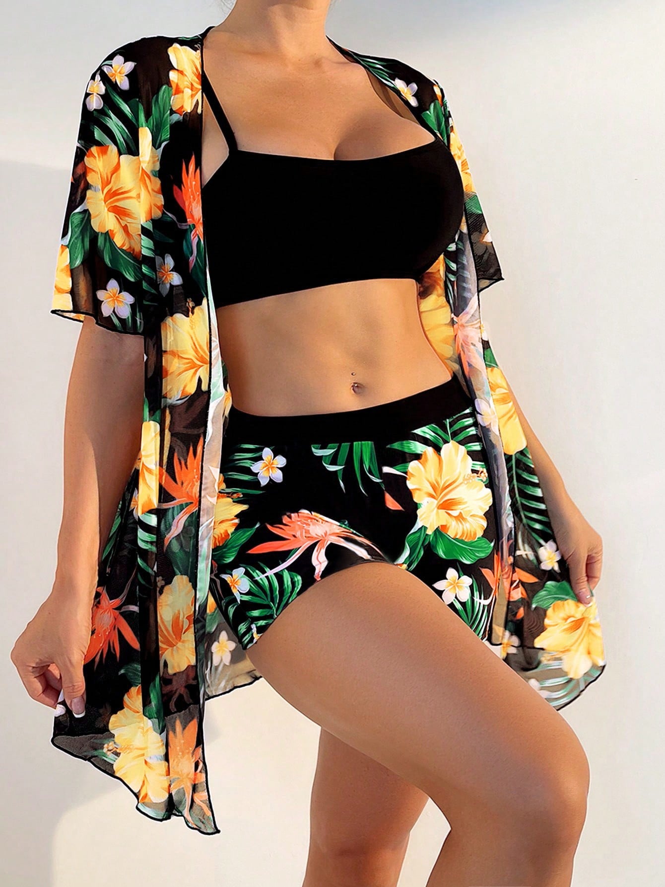 Swim Lushore Women's Summer Beach Tropical Plant Printed Triangle Shorts Casual Bikini Set With Short Sleeve Kimono Cover-Up