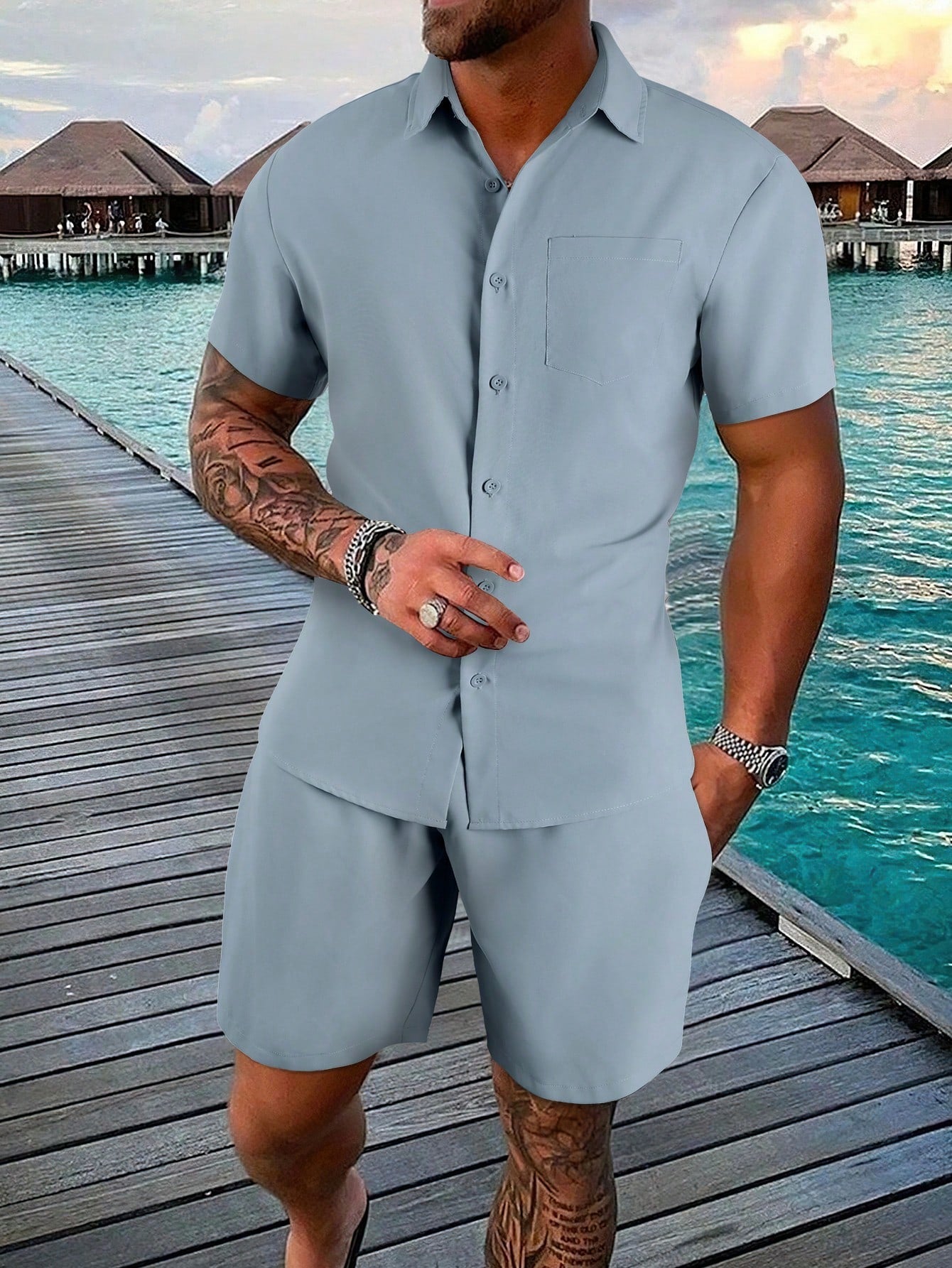 Men's Loose Fit One Pocket Front Shirt & Shorts Set (T-Shirt Not Included)