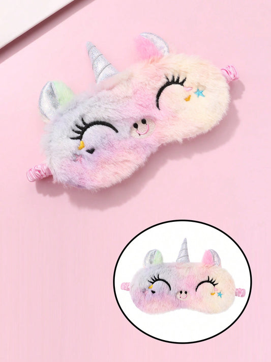 1pc Unicorn Polyester Velvet Eye Mask For Girls With Smiling Face Embroidery, Random Gradient Color, Suitable For Daily Rest Wear