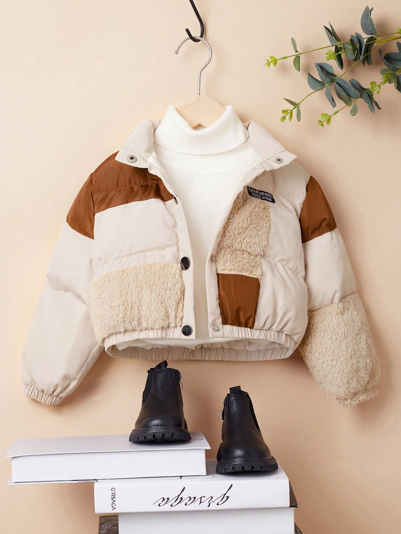 Young Girl 1pc Color Block Patched Detail Teddy Panel Puffer Coat