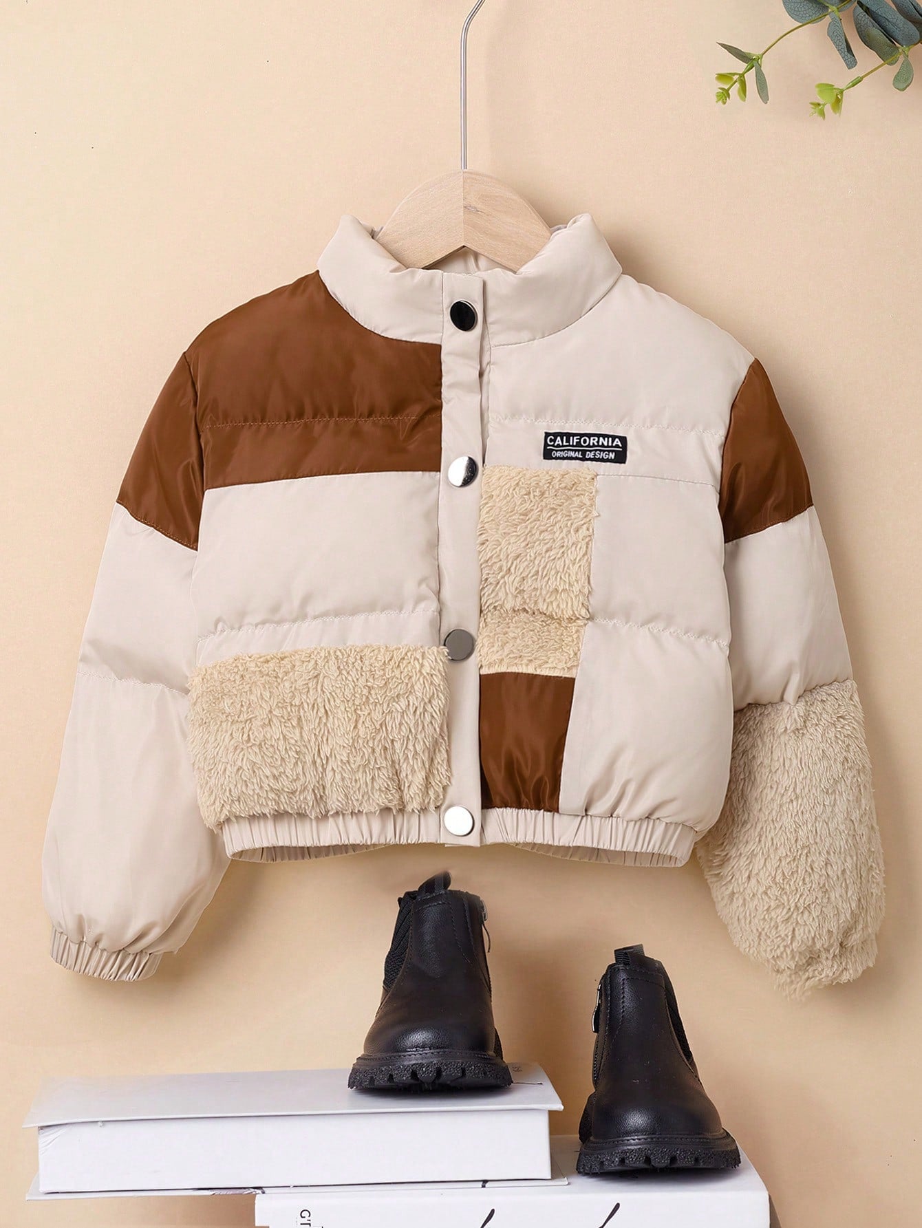 Young Girl 1pc Color Block Patched Detail Teddy Panel Puffer Coat