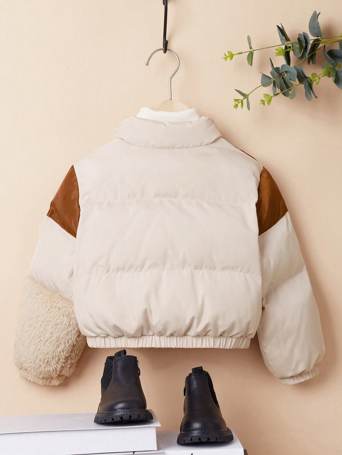 Young Girl 1pc Color Block Patched Detail Teddy Panel Puffer Coat