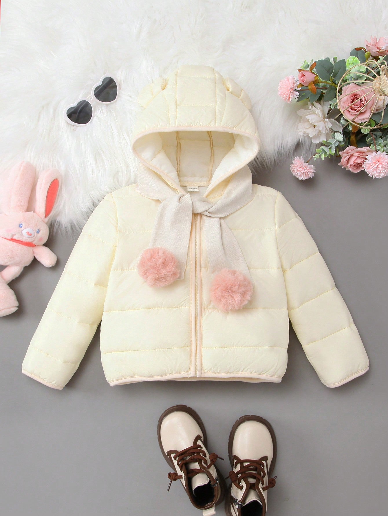 Young Girl 1pc 3D Ears Design Hooded Puffer Coat With Scarf