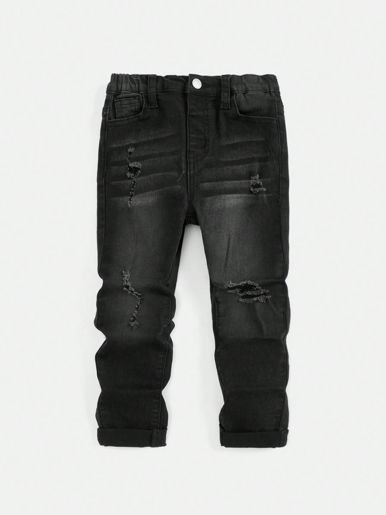 Young Boy Elastic Waist Distressed Straight Leg Jeans With Pockets