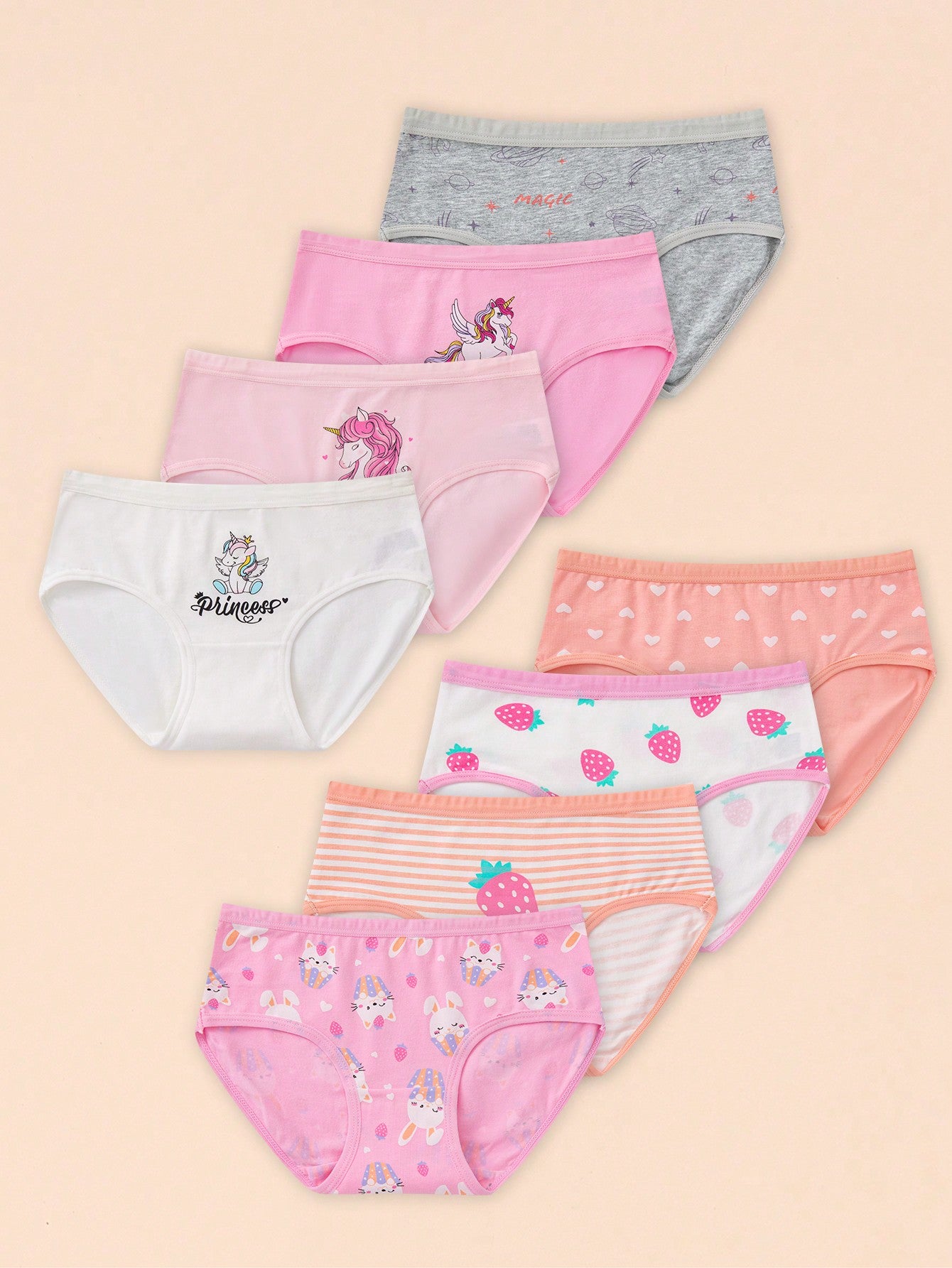 Young Girl 8pcs/Set Cartoon Cute Strawberry & Unicorn Printed Triangle Underwear, All Seasons