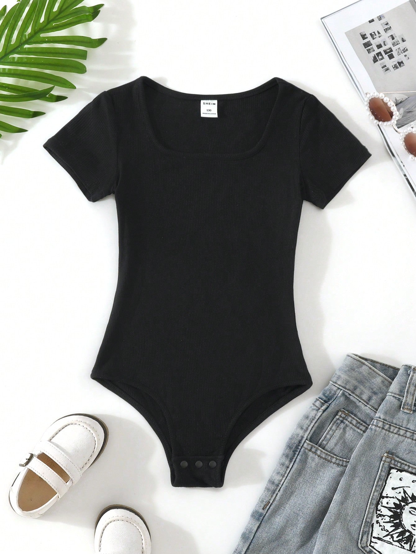 Tween Girl Knitted Ribbed Brown Bodysuit, Y2K Style Suitable For Daily Wear