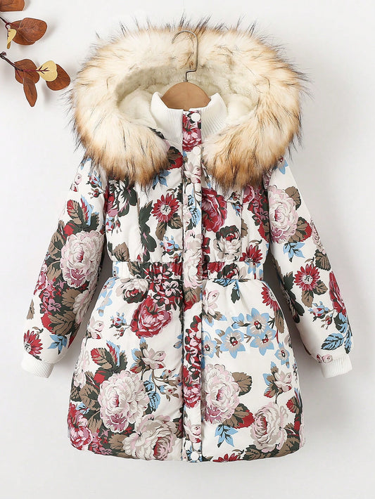 Tween Girl Floral Print Fuzzy Trim Hooded Padded Coat