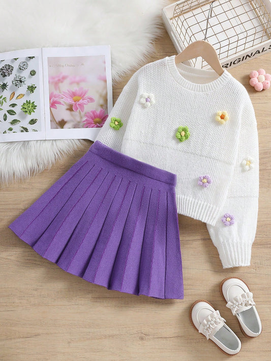 Tween Girl 1pc Flower Decor Sweater & 1pc Pleated Knit Skirt