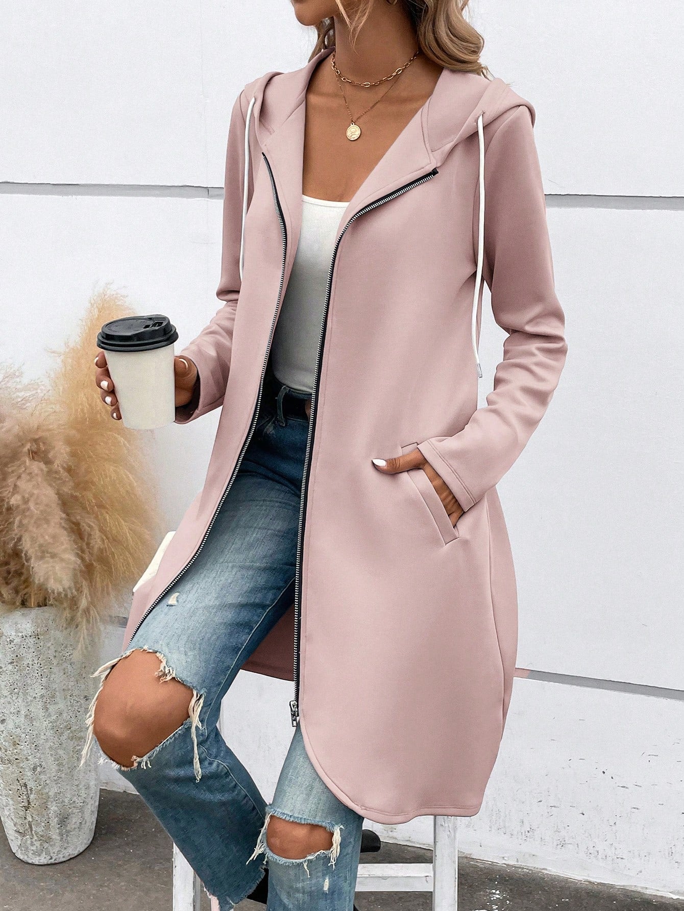 Zip Up Drawstring Hooded Coat