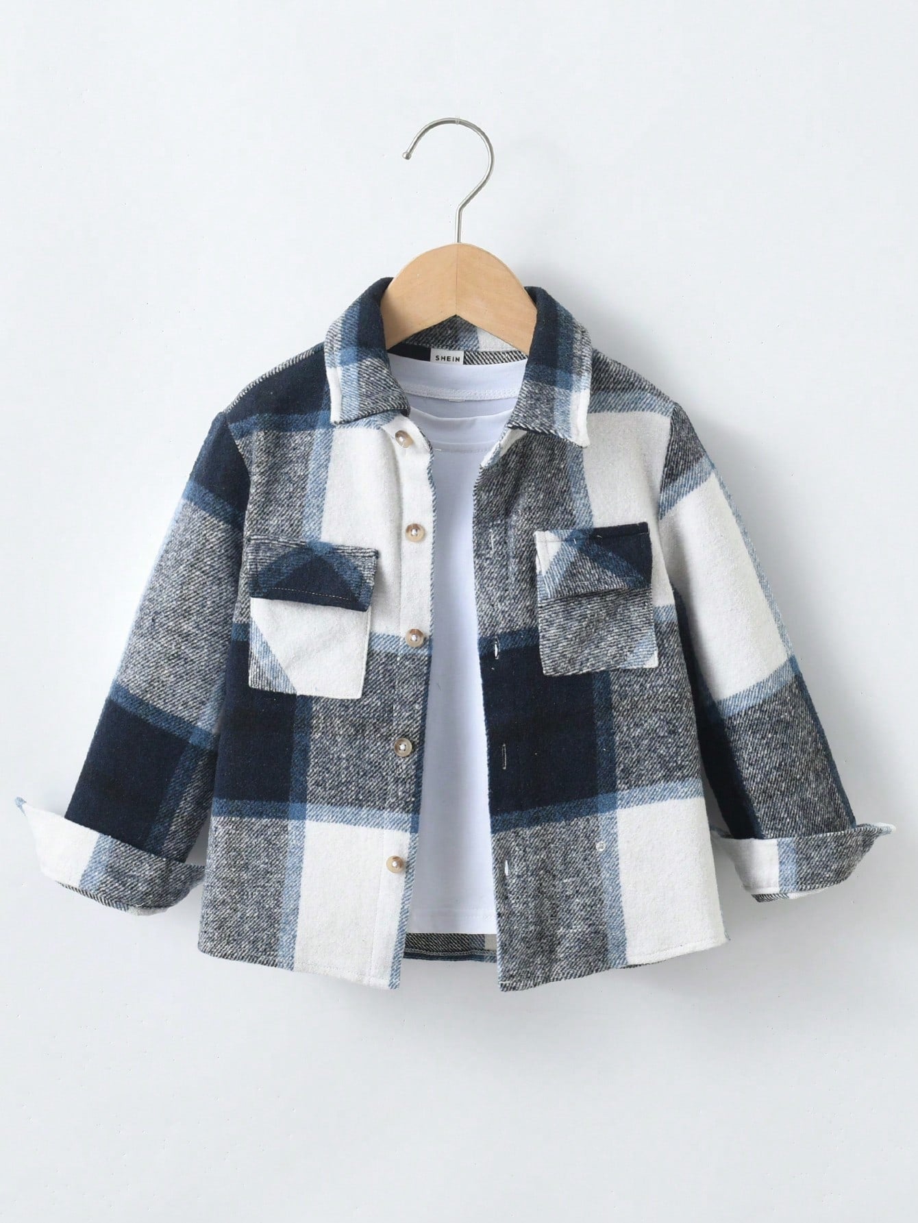 Young Boy Plaid Print Flap Pocket Shirt Without Tee