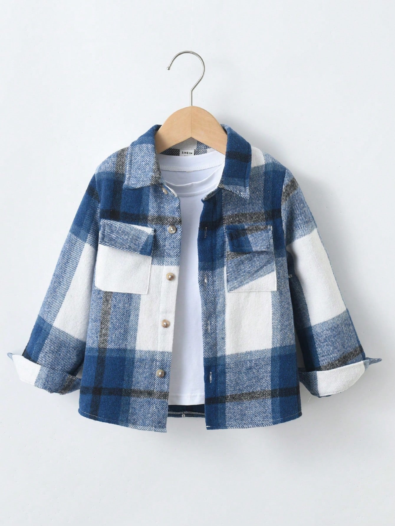 Young Boy Plaid Print Flap Pocket Shirt Without Tee