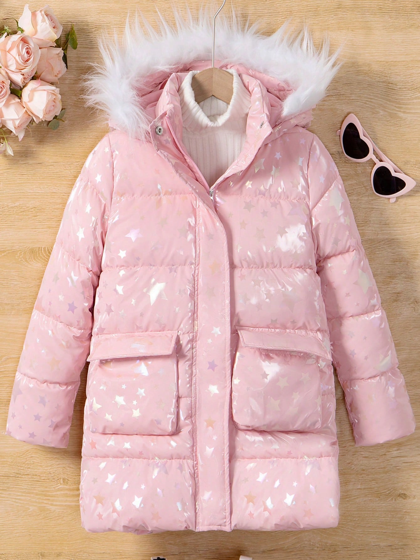 Tween Girl 1pc Flap Pocket Fuzzy Trim Hooded Puffer Coat