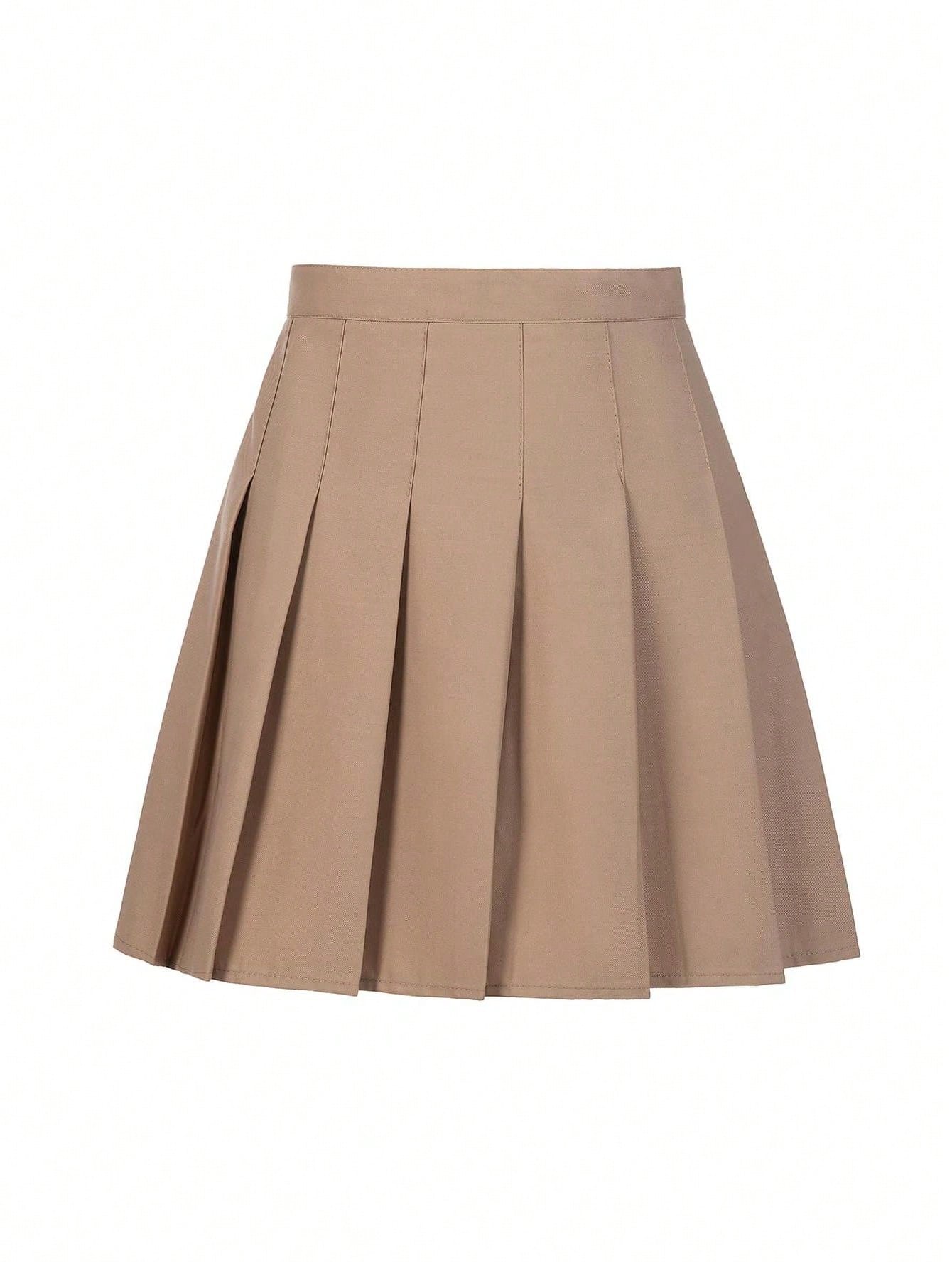 Tween Girl Sporty Solid Color Pleated Mini Skirt With Elastic Waistband And Folds, Suitable For School Uniform Or Performances, Champagne