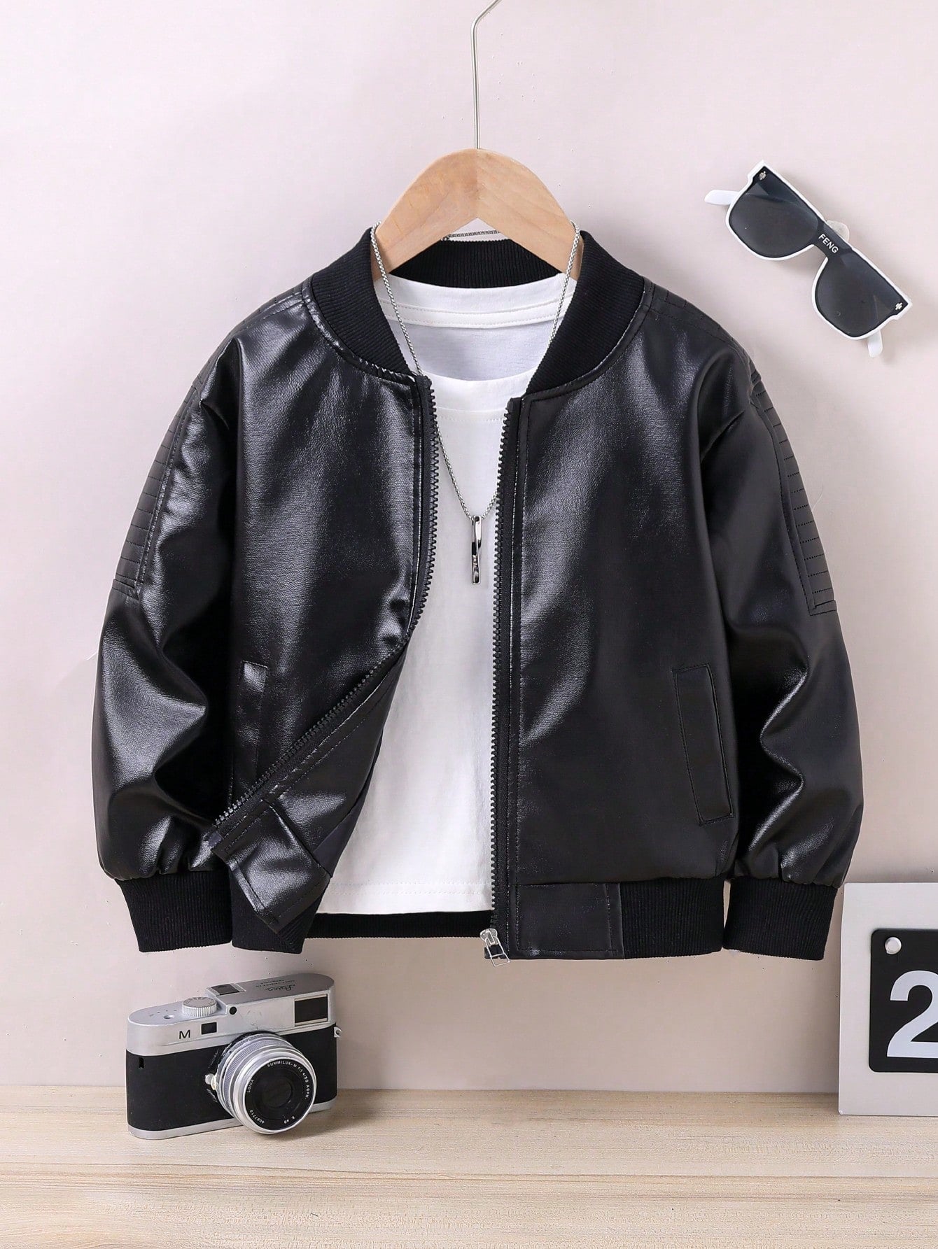 Young Boy Zip Up PU Leather Bomber Jacket