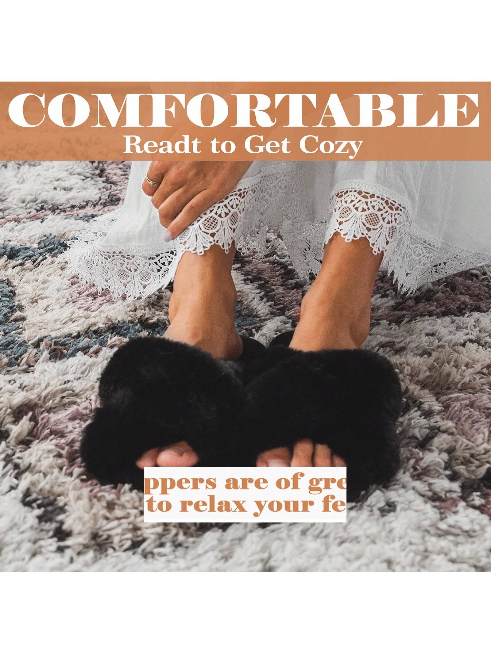 1/2 Pairs Women Slippers Fluffy Slippers Cross Band Furry Open Toe Slippers Cozy Plush Home Shoes Anti-Slide Slipper