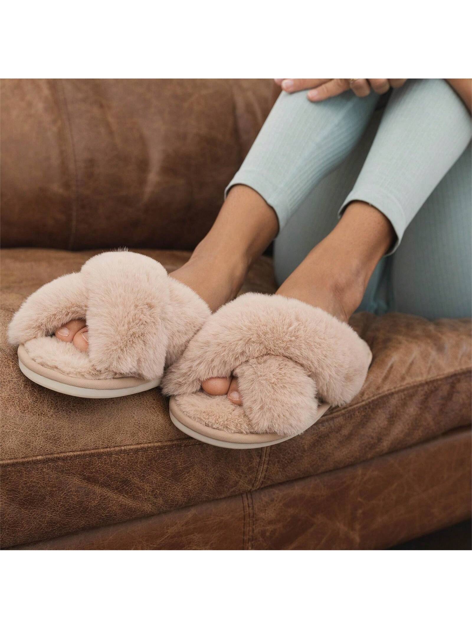 1/2 Pairs Women Slippers Fluffy Slippers Cross Band Furry Open Toe Slippers Cozy Plush Home Shoes Anti-Slide Slipper