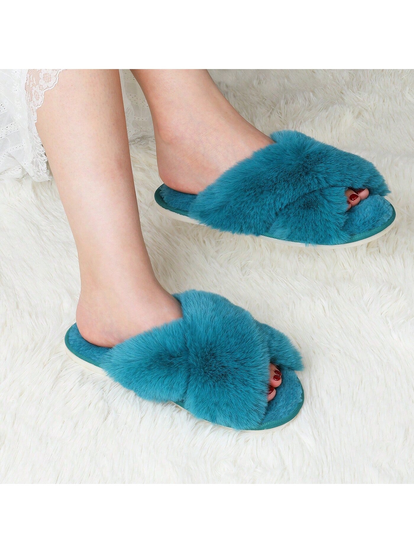 1/2 Pairs Women Slippers Fluffy Slippers Cross Band Furry Open Toe Slippers Cozy Plush Home Shoes Anti-Slide Slipper