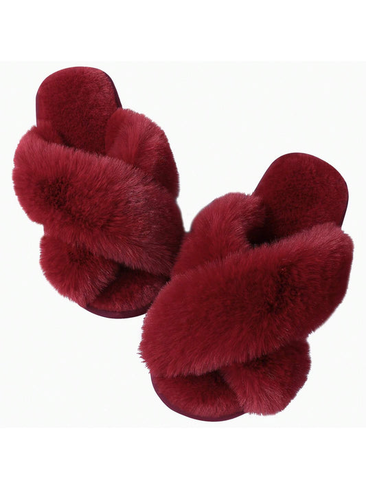 1/2 Pairs Women Slippers Fluffy Slippers Cross Band Furry Open Toe Slippers Cozy Plush Home Shoes Anti-Slide Slipper