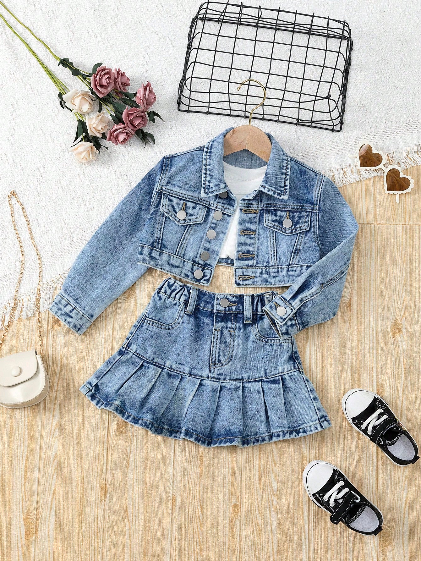 Young Girl Flap Detail Denim Jacket & Pleated Skirt Without Tee