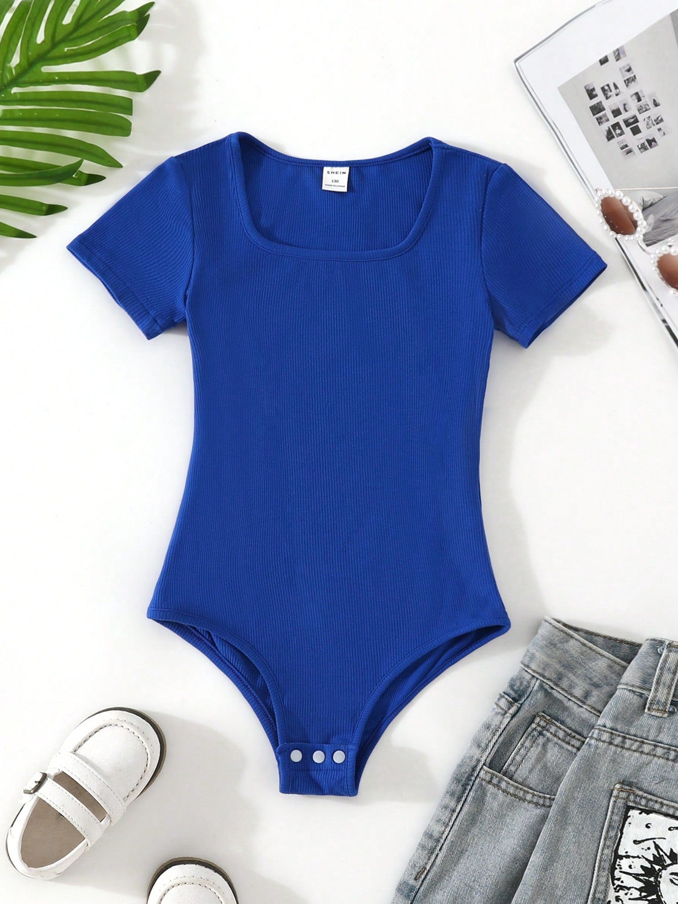 Tween Girl 2pcs Solid Ribbed Knit Bodysuit