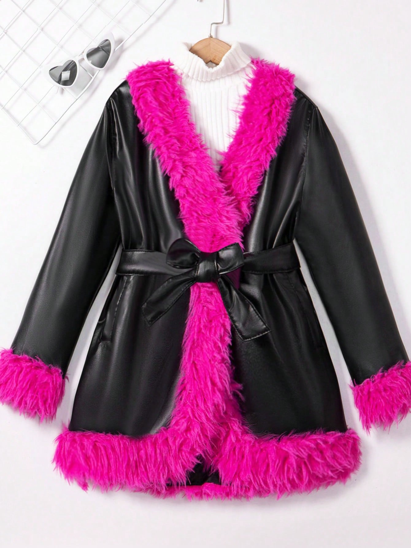 Tween Girl Fuzzy Trim PU Leather Belted Coat Without Sweater