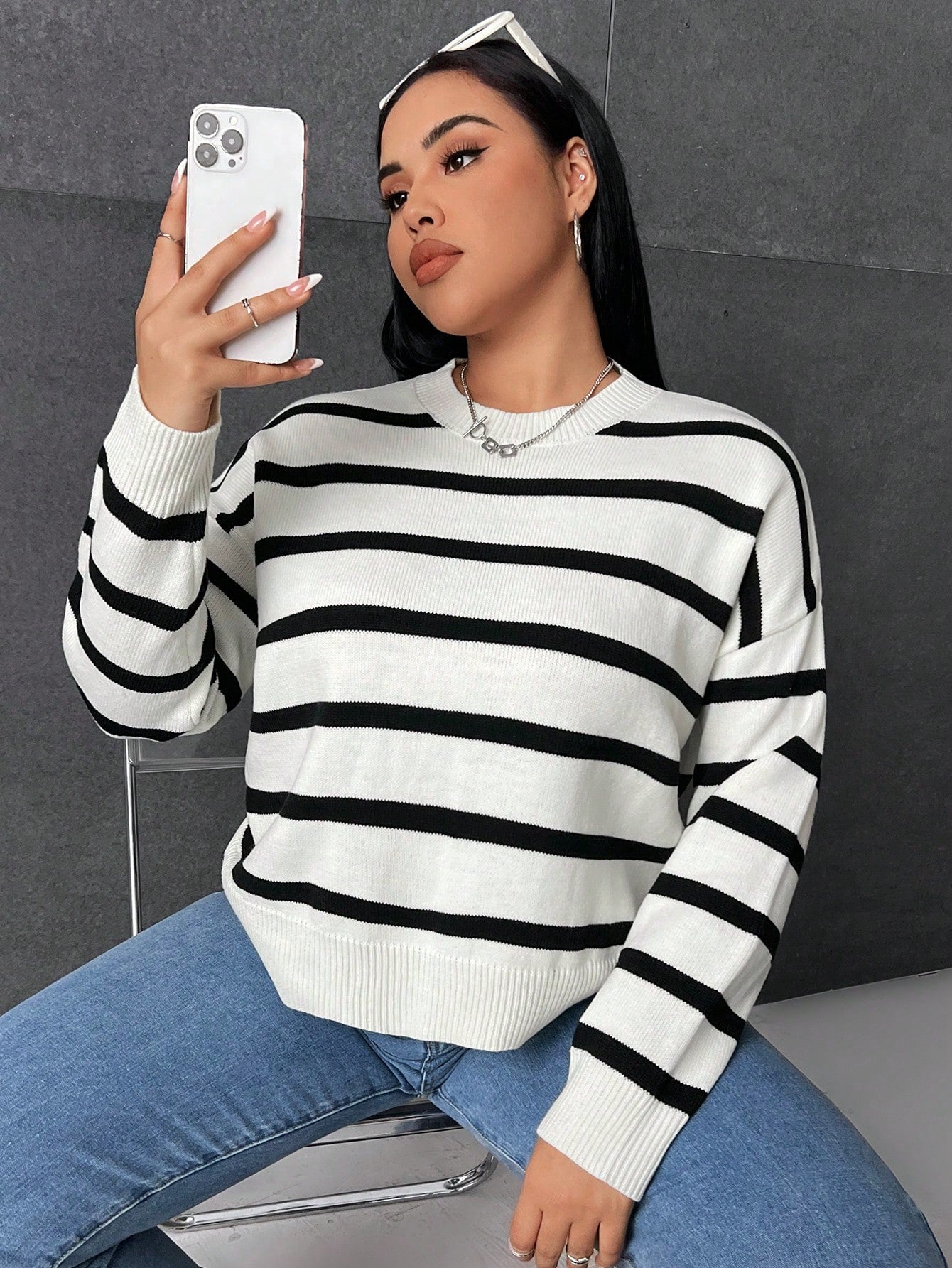 Plus Striped Pattern Drop Shoulder Sweater