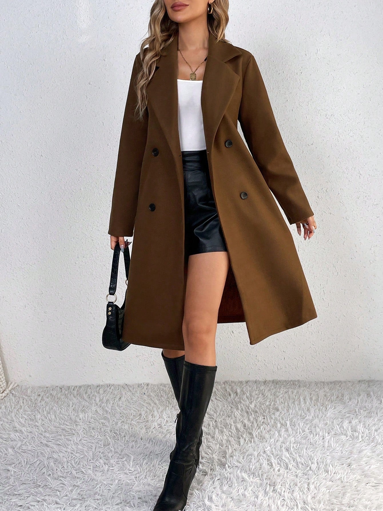 Tall Lapel Neck Double Breasted Belted Overcoat