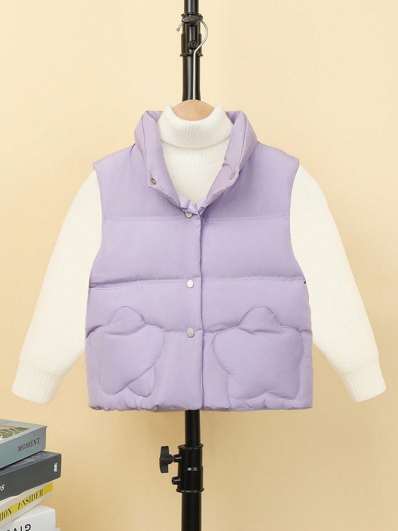 Tween Girl 1pc Pocket Patched Snap Button Up Vest Puffer Coat