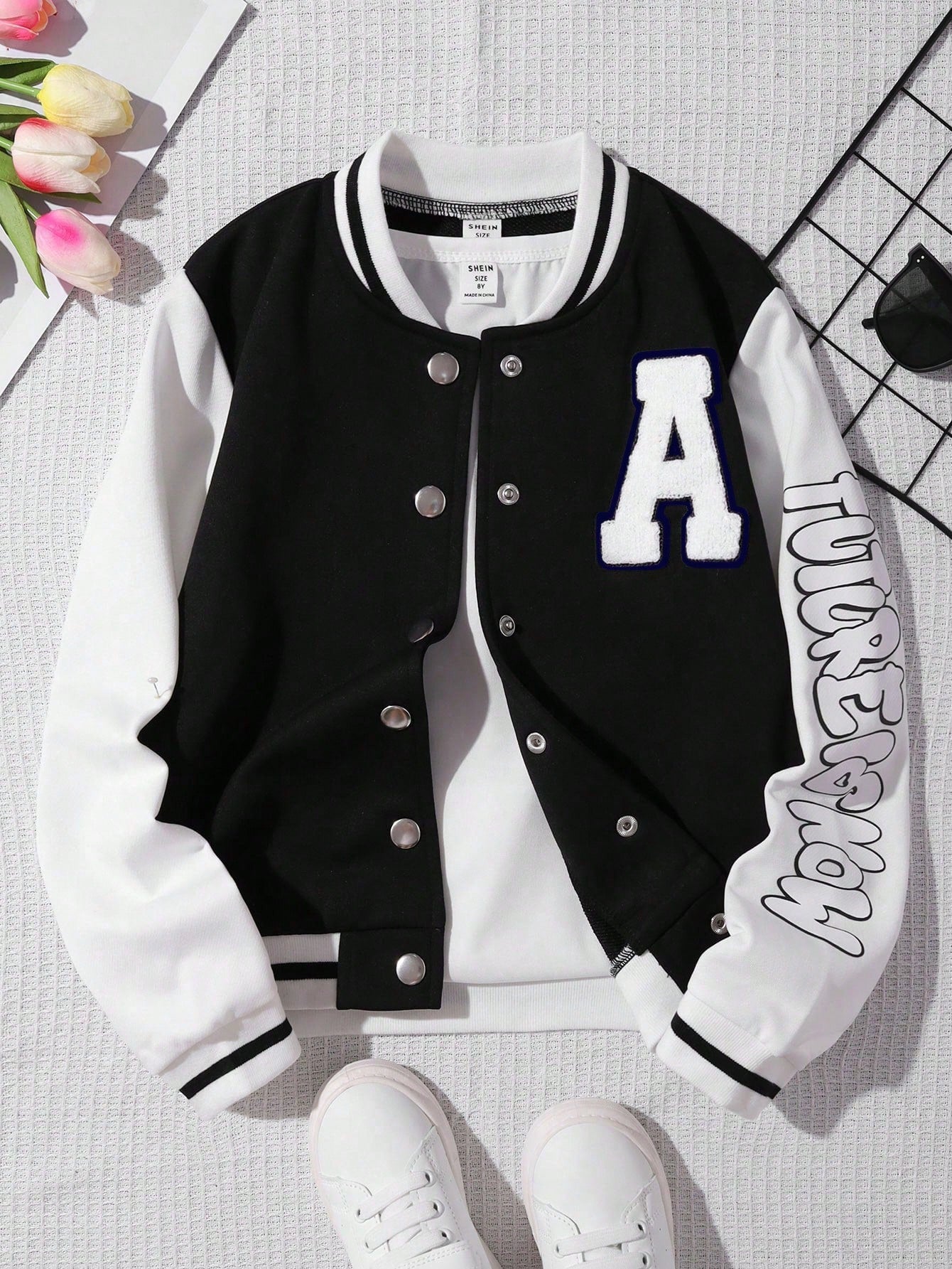 Tween Girl Spring And Autumn Casual Baseball Jacket With Letter Print And Color Block Patchwork