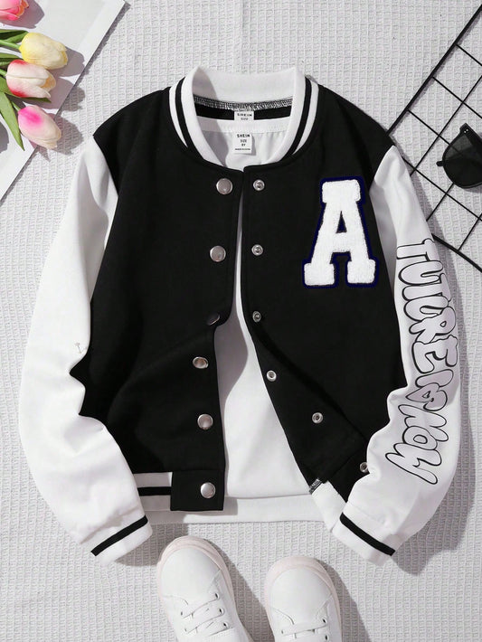 Tween Girl Letter Graphic Two Tone Varsity Jacket Without Tee