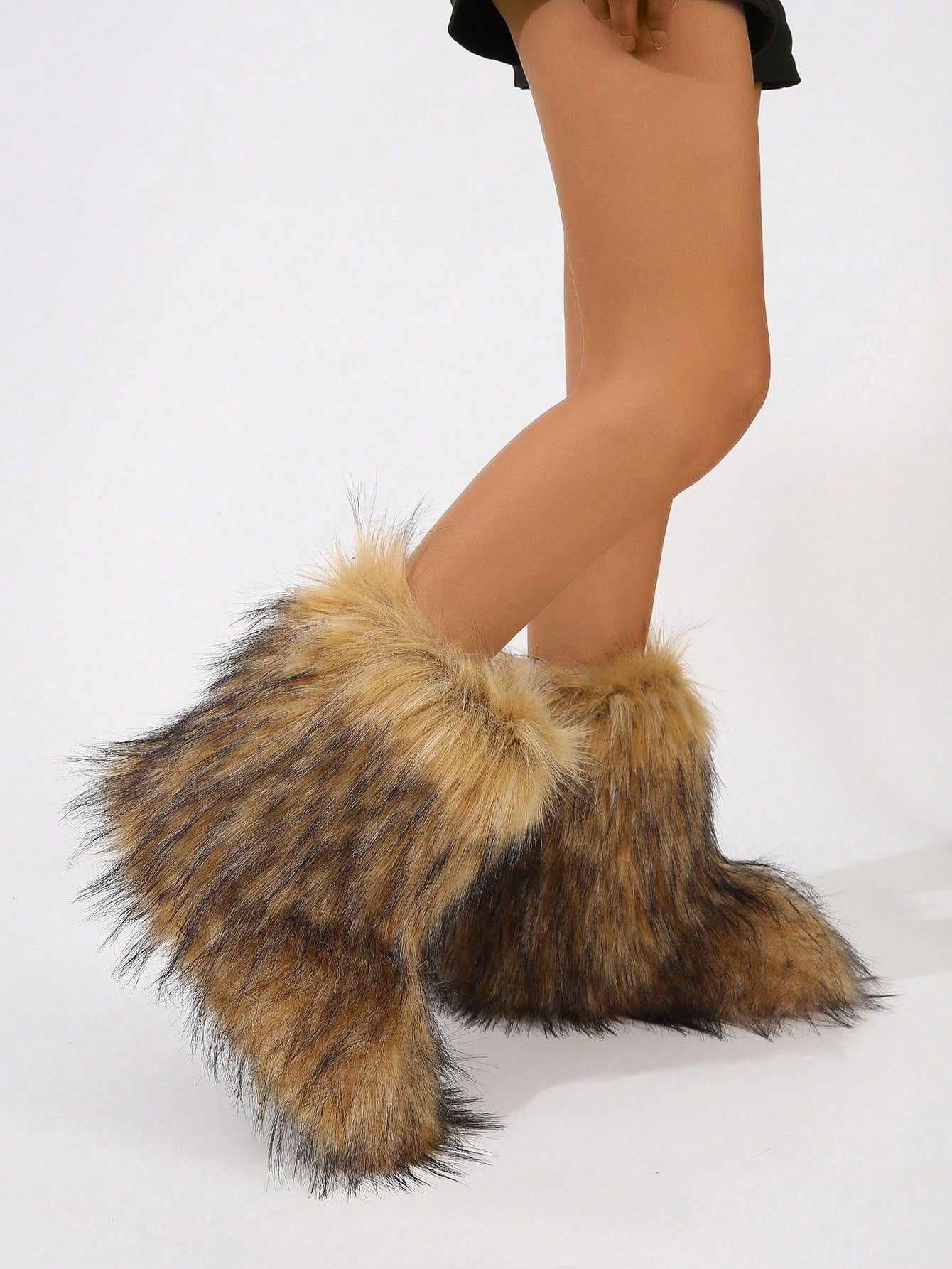 Women Winter Boots, Faux Fur Flat Snow Boots, Over The Knee Boots, Black & White Knee-High Boots, Furry Boots