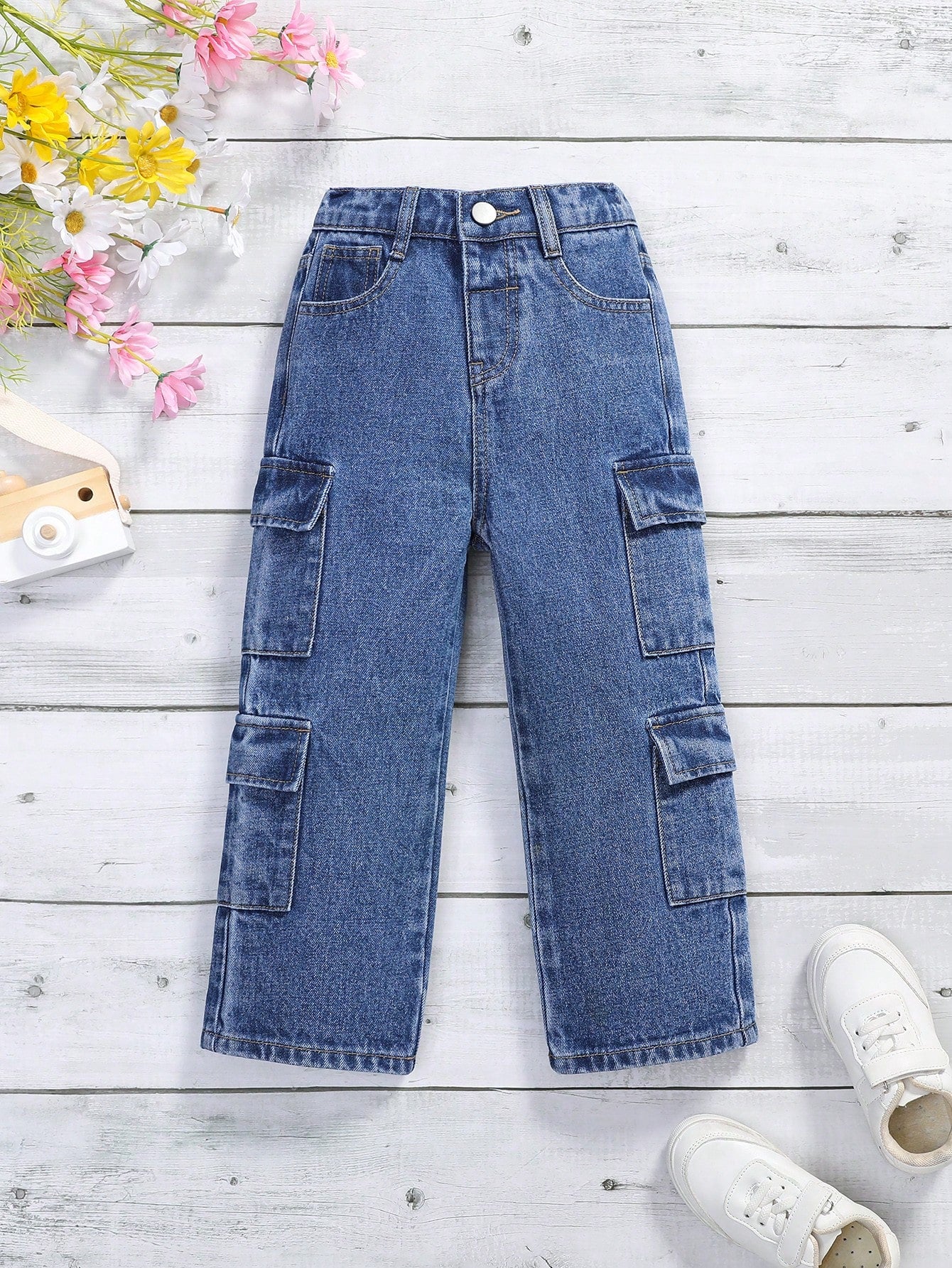 Young Girls Solid Color Casual Workwear Straight Leg Jeans With Pockets