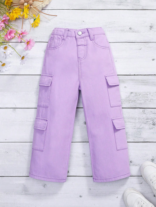 Young Girl New Arrival Korean Style Street Fashion Purple Cotton Straight Work Jeans With Multiple Pockets