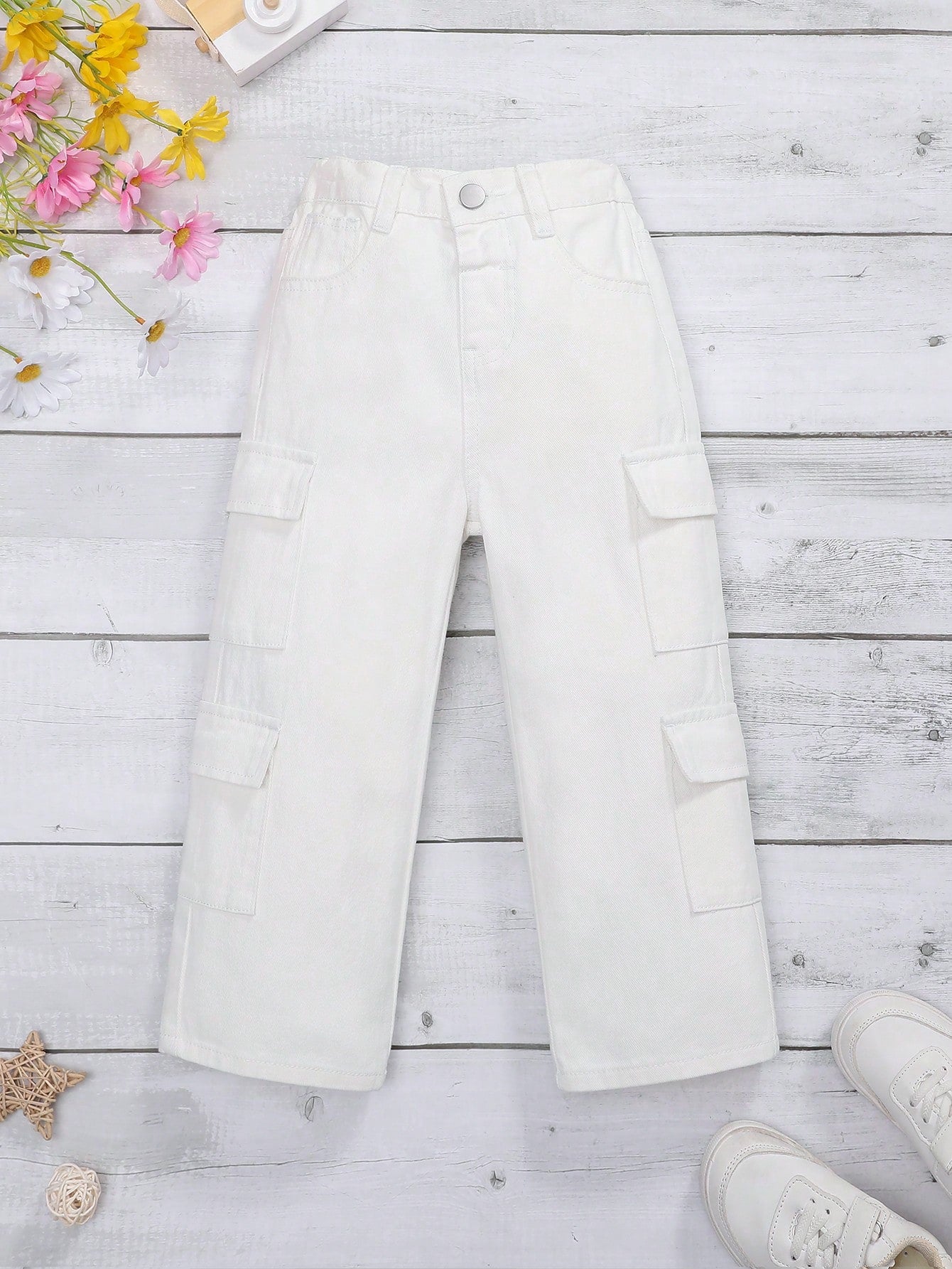 Young Girls Solid Color Casual Workwear Straight Leg Jeans With Pockets