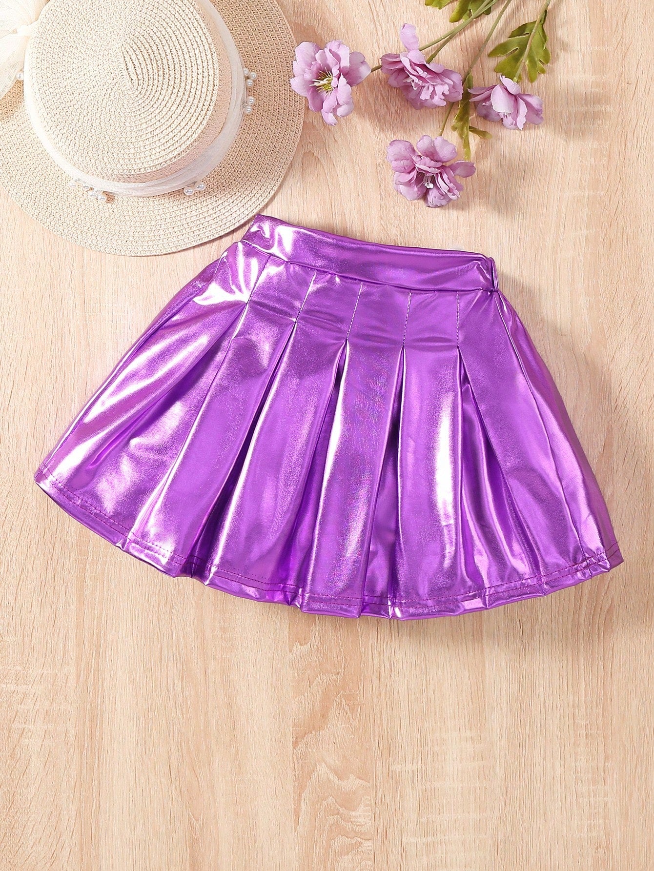 Young Girl Solid Metallic Pleated Skirt