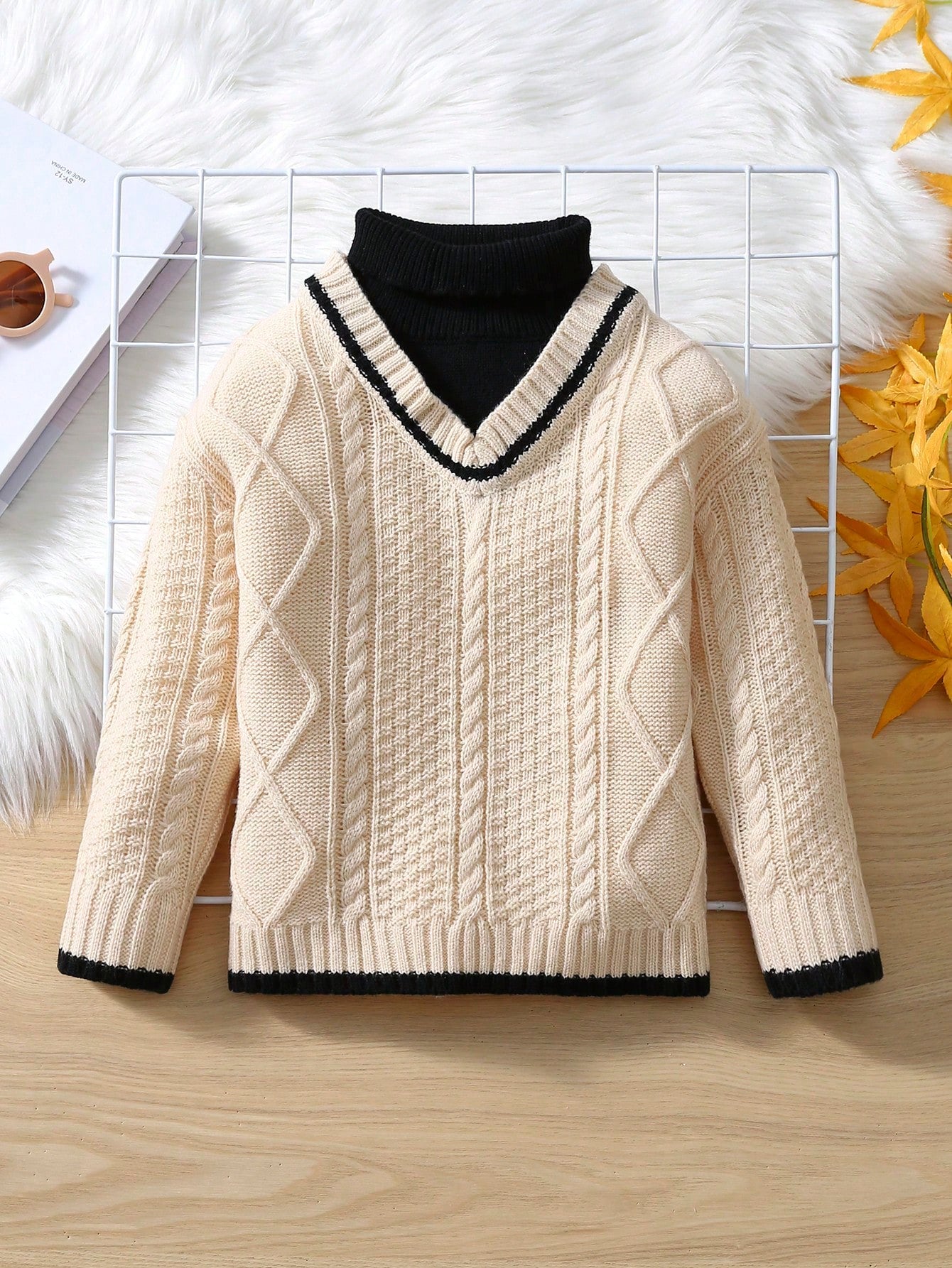 Young Boy Turtleneck Cable Knit Contrast Trim 2 In 1 Sweater