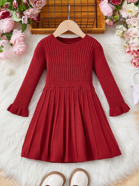 Young Girl Solid Pleated Hem Sweater Dress