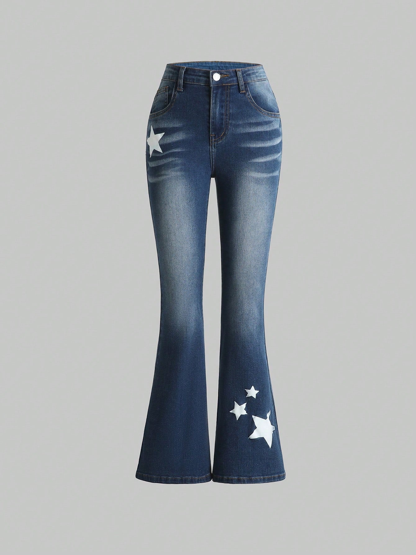 Tween Girl All-Match Stretch Skinny Flared Jeans With Star Print, Water Washed, Slim Fit