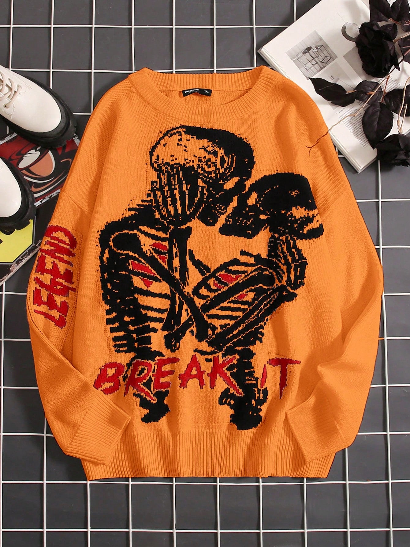 Plus Skeleton & Letter Pattern Drop Shoulder Sweater