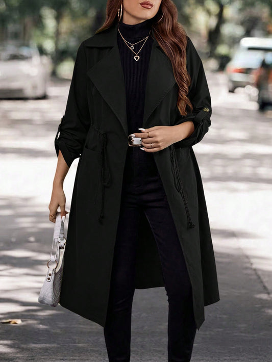 Plus Roll Tab Sleeve Drawstring Waist Trench Coat