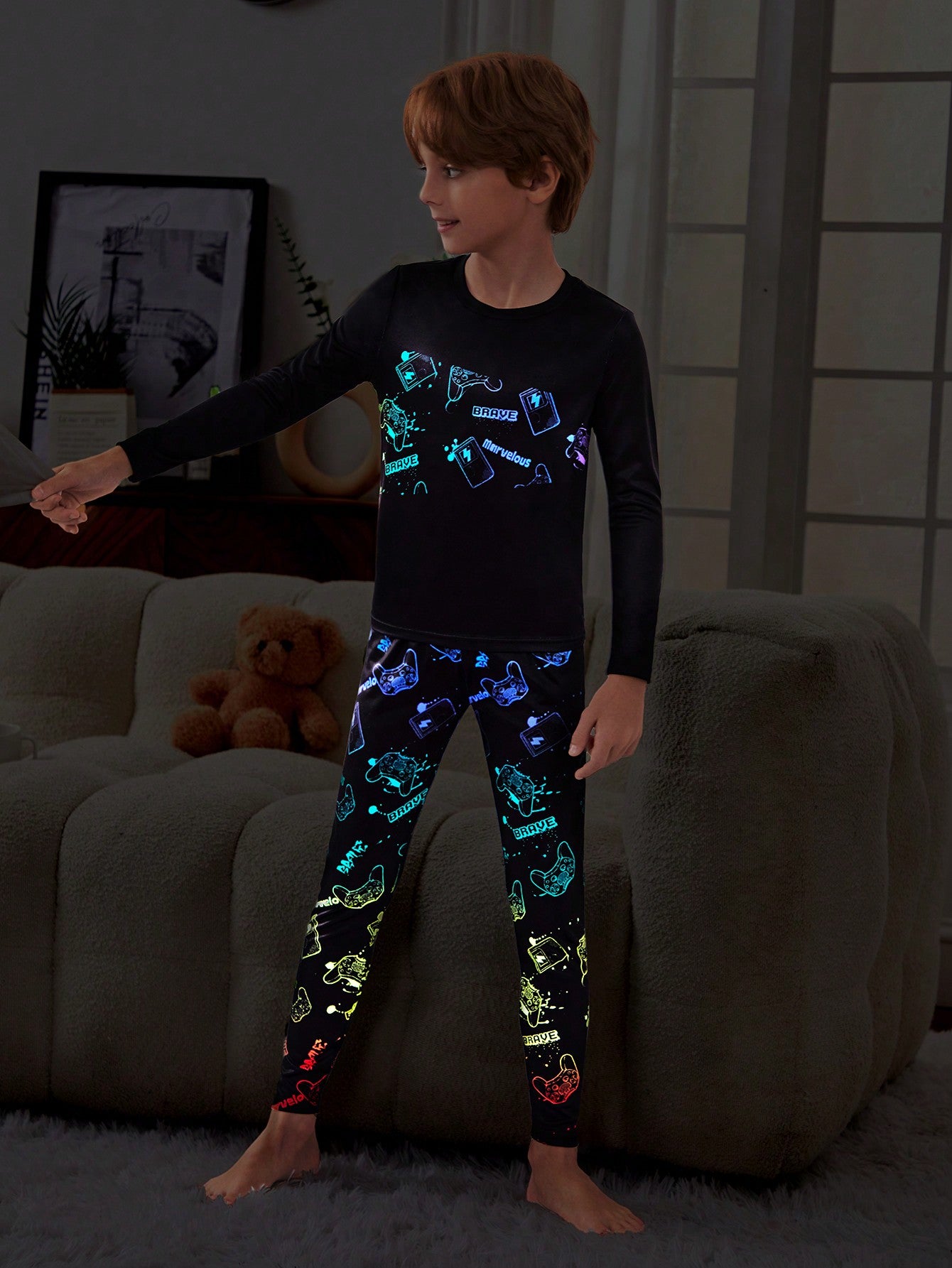 Tween Boy Reflective Gamepad Print Tee & Pants Snug Fit PJ Set